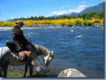 Rider on the banks of trancura river in spring on a half day ride in Pucon, Chile